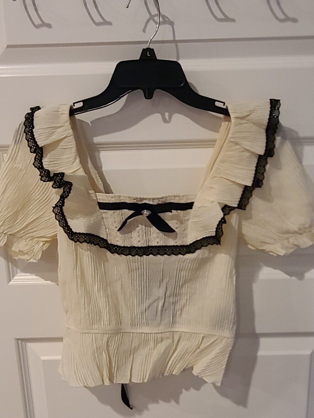 Cream Square-Neck Ruffle Blouse with Black Lace Trim